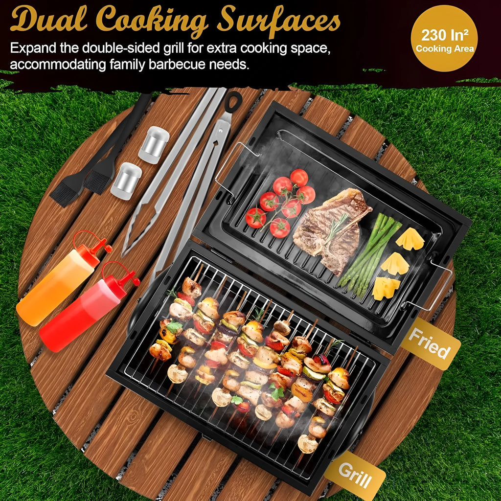 Small folding desktop barbecue smoking device with charcoal stove and grill.