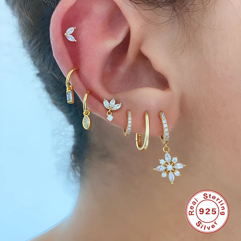 Sterling silver diamond snowflake pendant earrings with gemstone inlay in gold colour finishes
