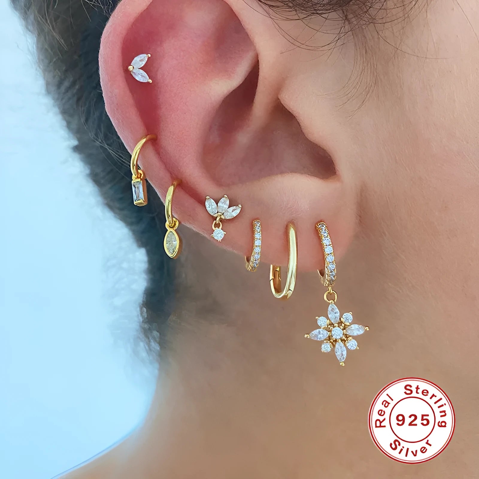 Sterling silver diamond snowflake pendant earrings with gemstone inlay in gold colour finishes