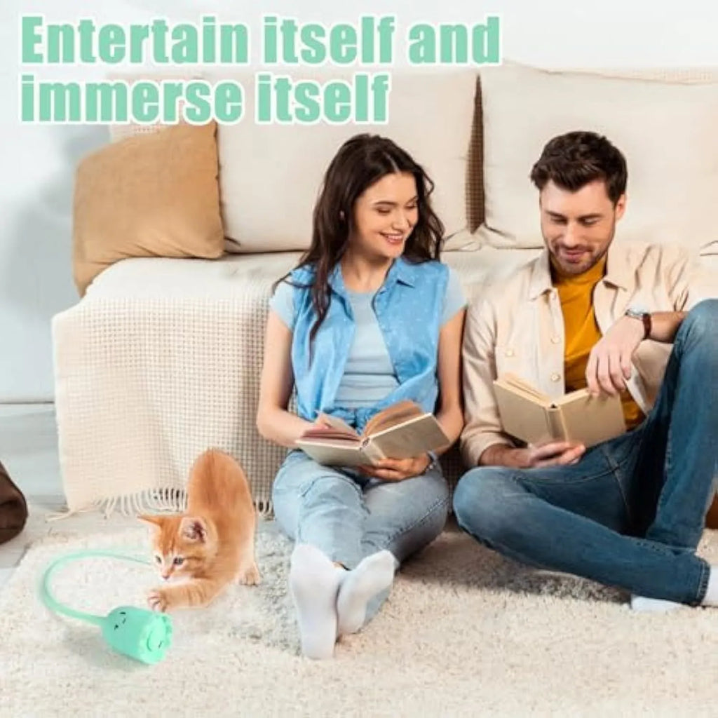 Green electronic cat wand toy with swinging silicone tails for indoor cat play