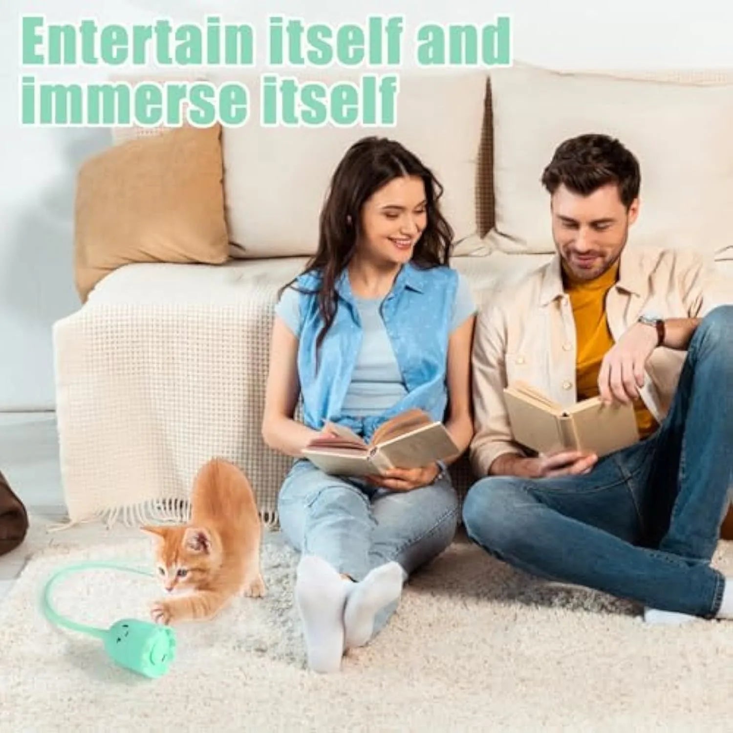 Green electronic cat wand toy with swinging silicone tails for indoor cat play