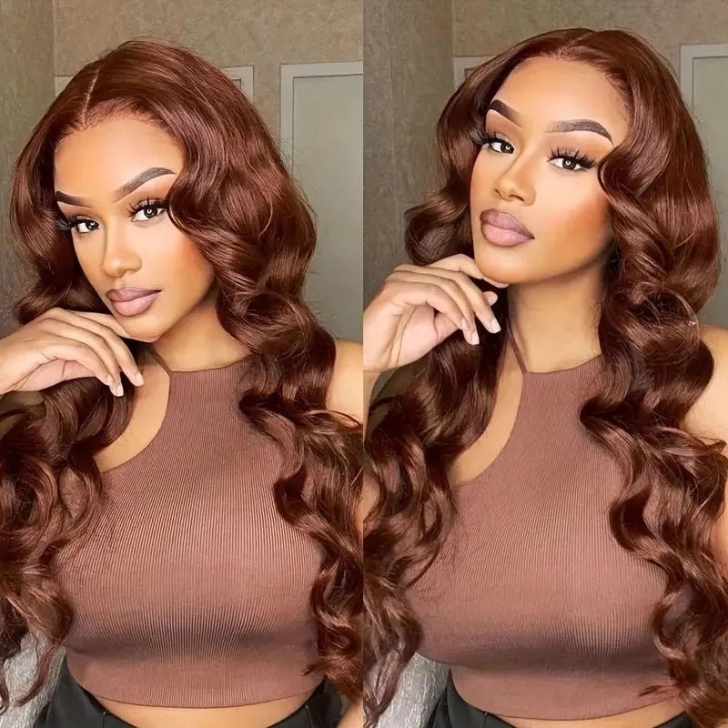 Long curly dark brown synthetic wig with side bangs on a mannequin head.