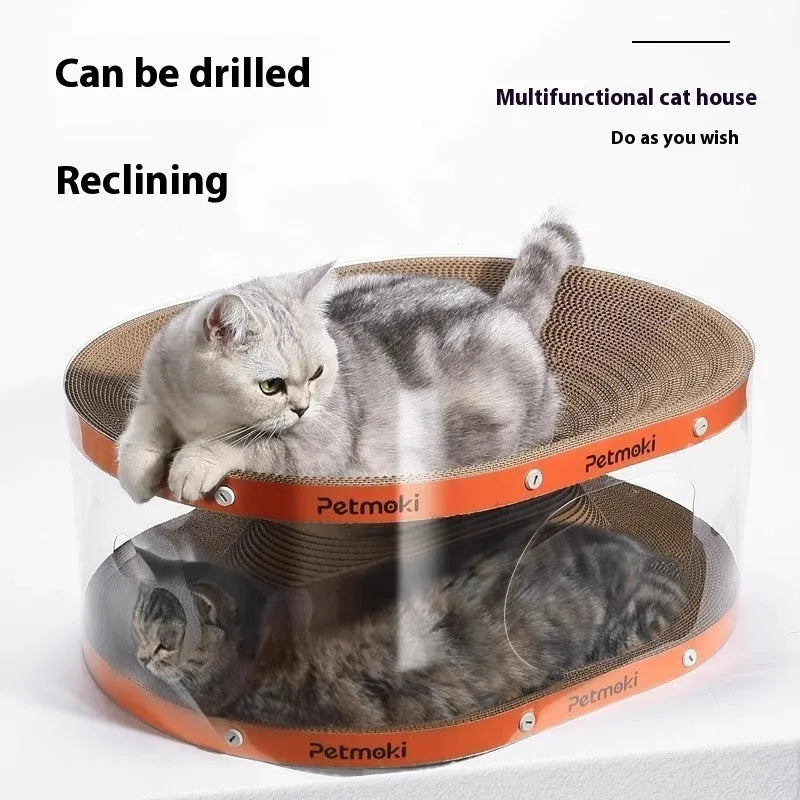 White transparent cat scratch board and nest tunnel toy with diamond design measuring 58x45x23cm