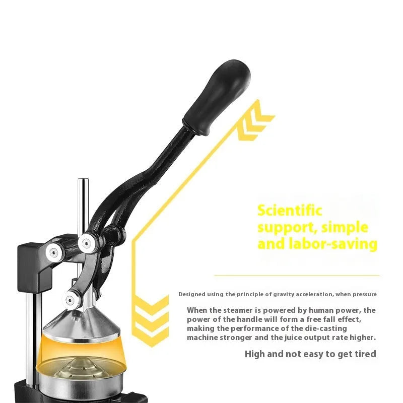 Cast iron manual citrus juicer with stainless steel strainer in black or white finish