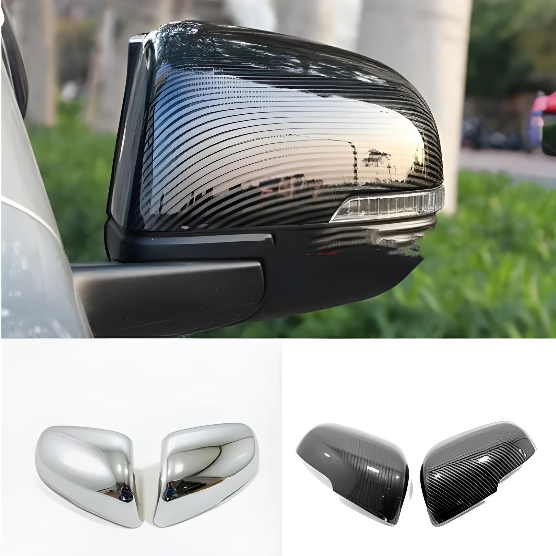 Pair of plastic rearview mirror protection covers in silver and black colour options.