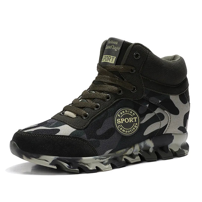 Women's green camouflage print canvas sneakers with a white rubber sole on a plain background.
