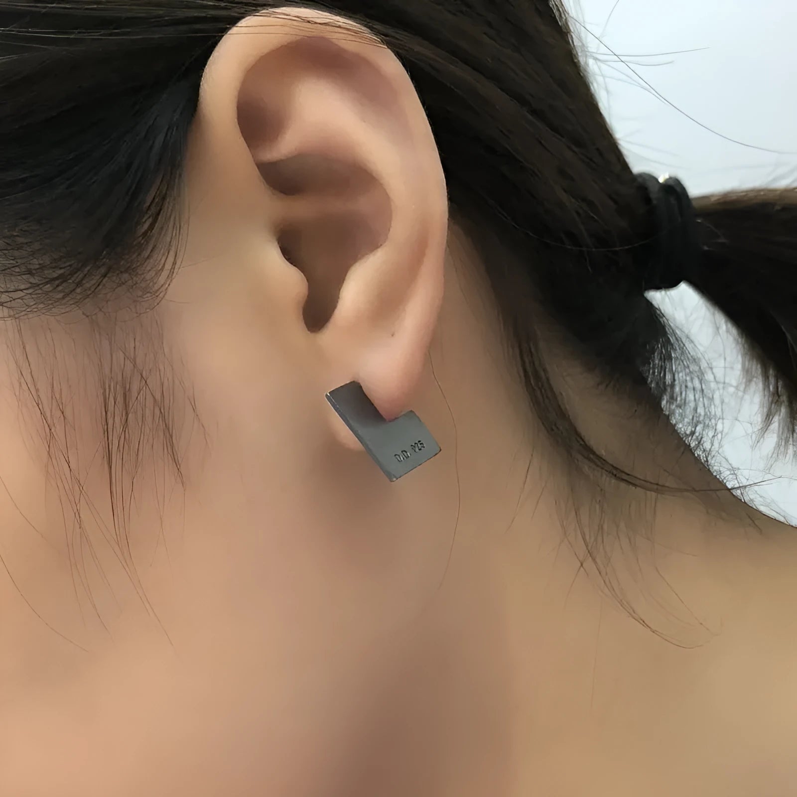 Oxidised black geometric square sterling silver earring ring with minimalist design