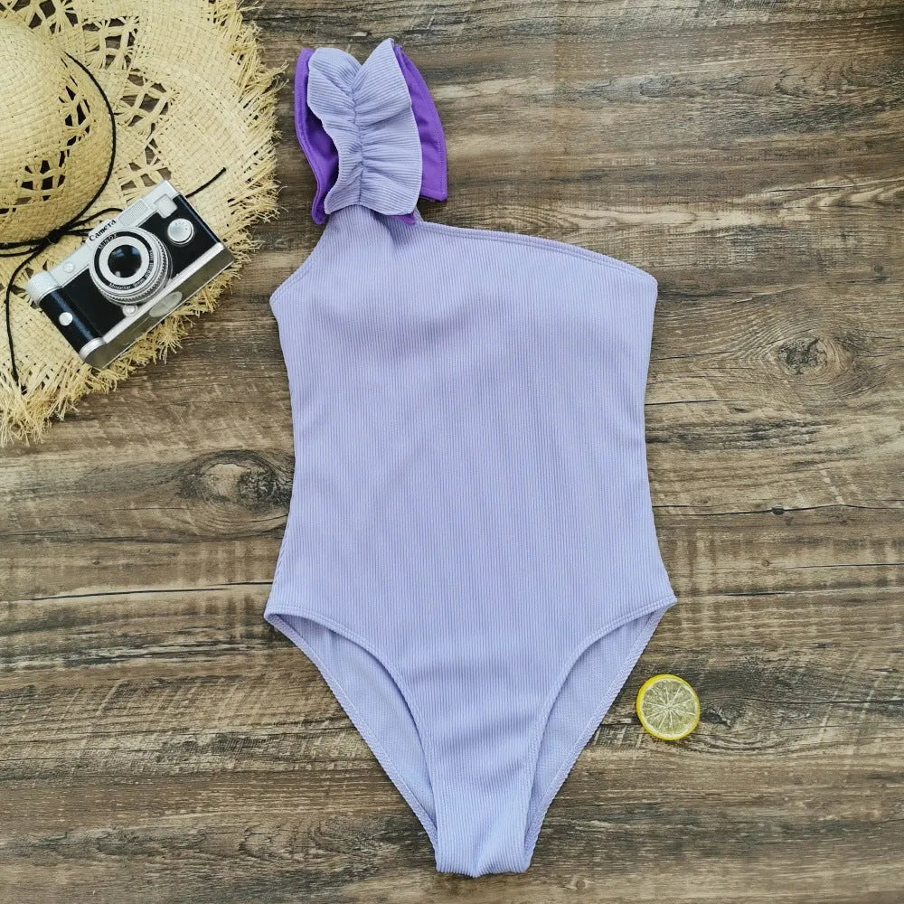 Single-shoulder suspender tube top one-piece swimsuit for women in solid colour with high-waisted design
