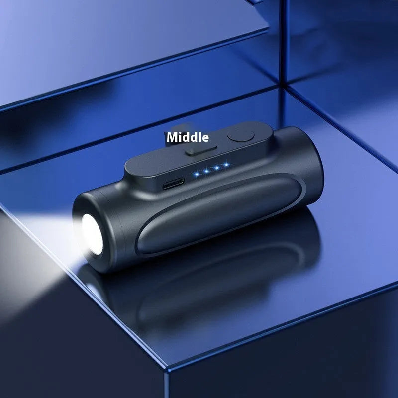 Black Glare power bank with integrated LED flashlight showing USB-C port and compact size.