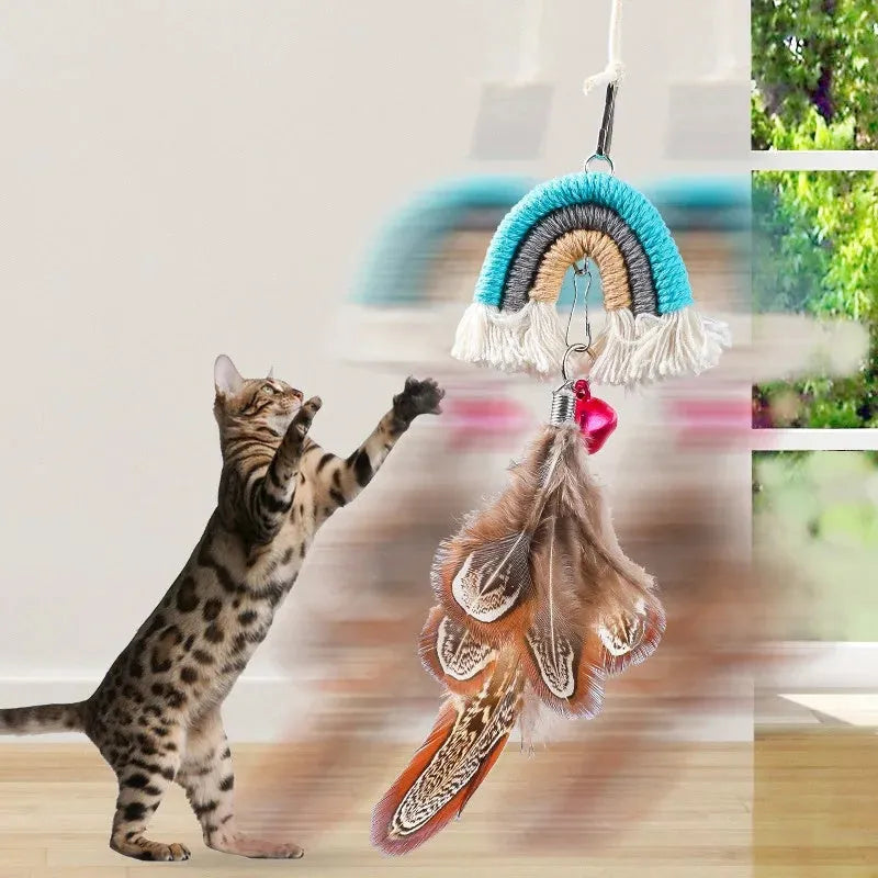 Feather cat rope door swing elastic cat teasing stick toy with sticky buckle clamp in blue, green and pink colours