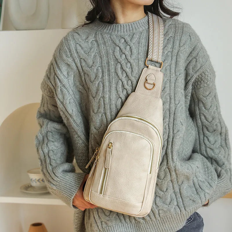 Women's soft PU leather chest messenger bag with zip compartments in beige colour