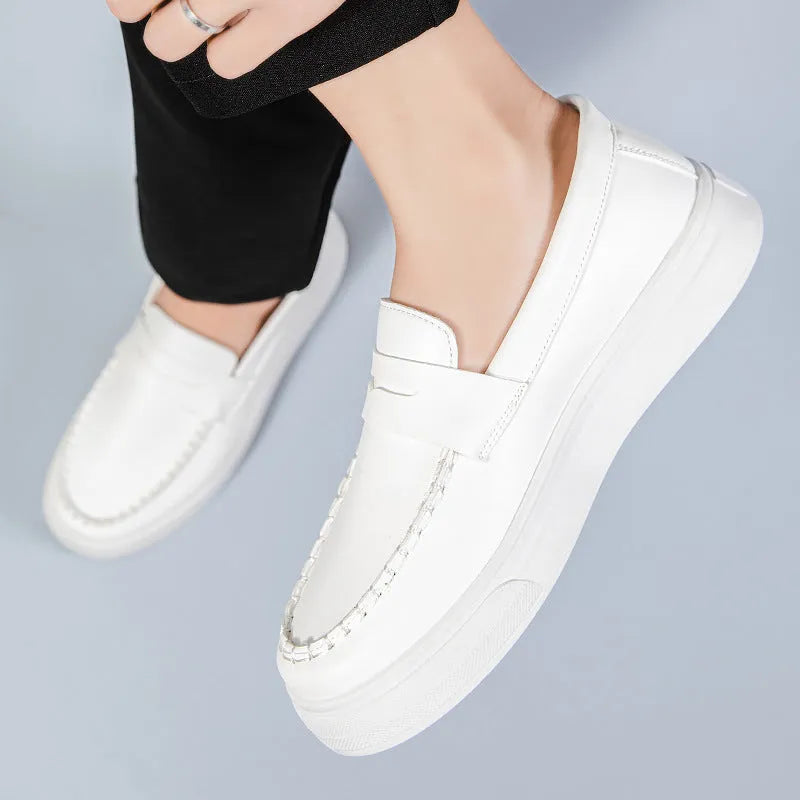 British style round toe casual shoes in PU leather, shown in white, black and white, and khaki colour options.