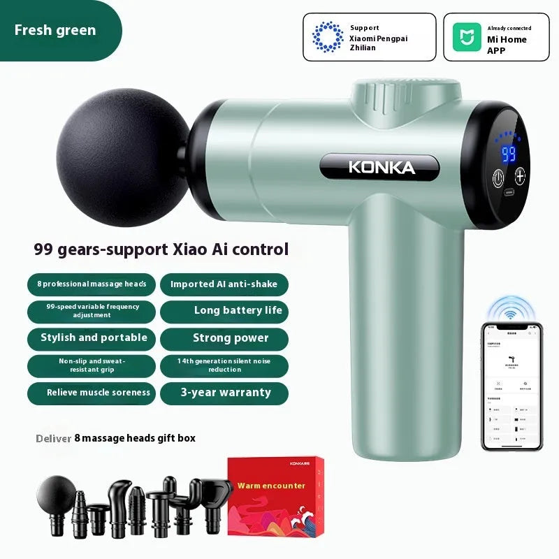 Konka V19 portable massage gun with multiple interchangeable heads in grey, green, or pink colour options