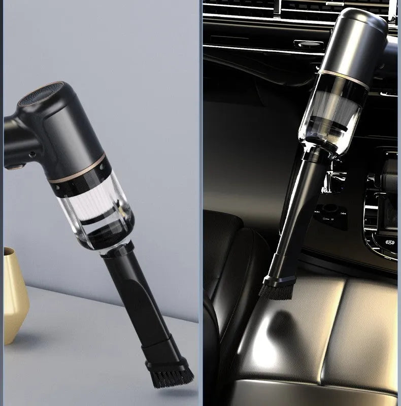 Black wireless car vacuum cleaner with multiple nozzle attachments including brushes and suction nozzles