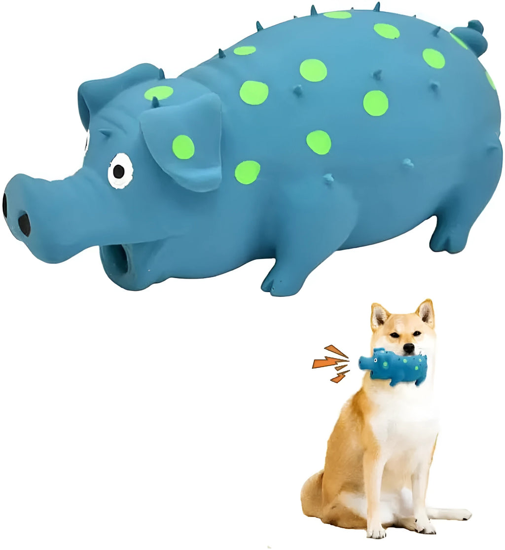 Blue pig-shaped latex dog chew toy with textured surface on a white background.