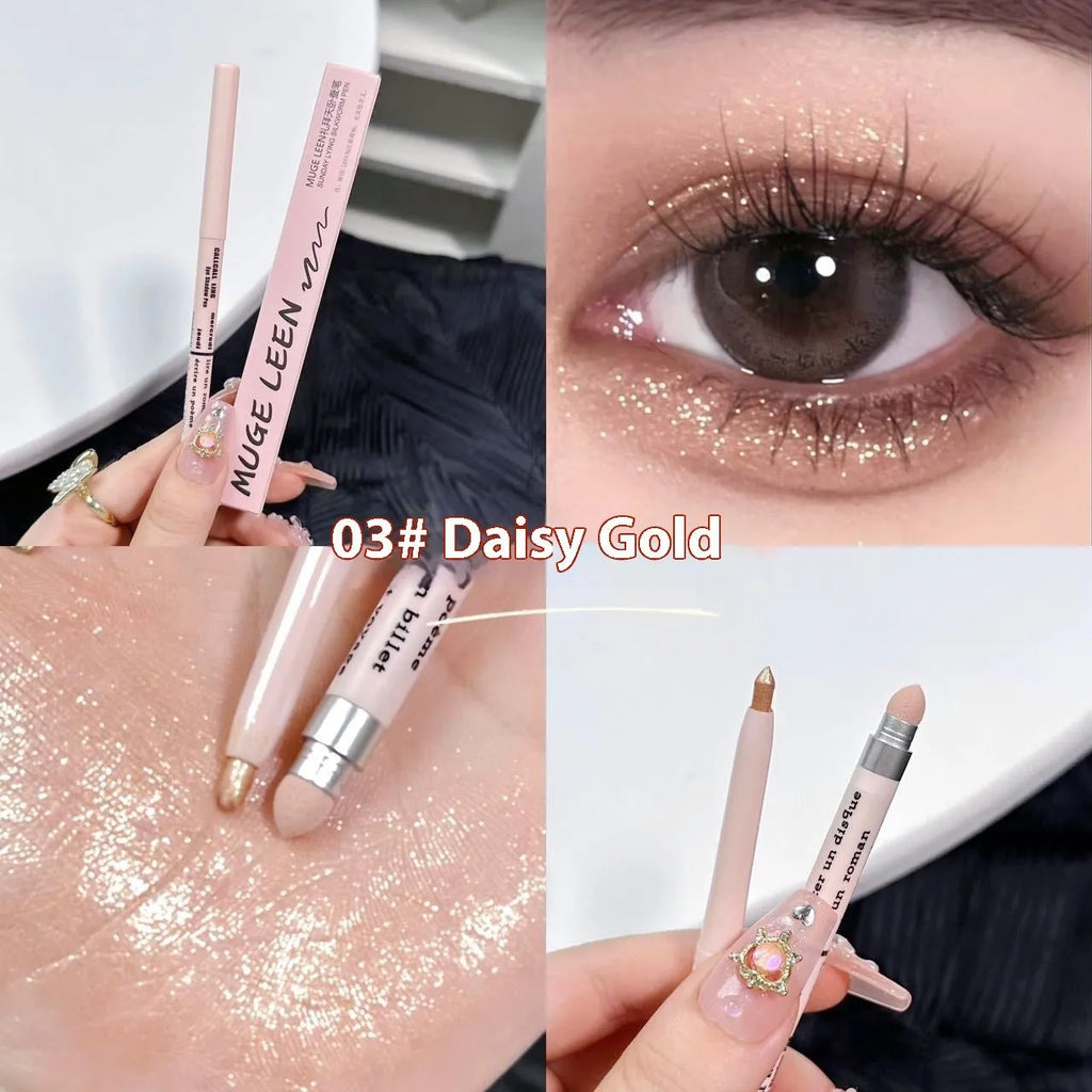Waterproof 2-in-1 eyeshadow pen with six colour options showing camellia milk apricot and ice diamond debris shades