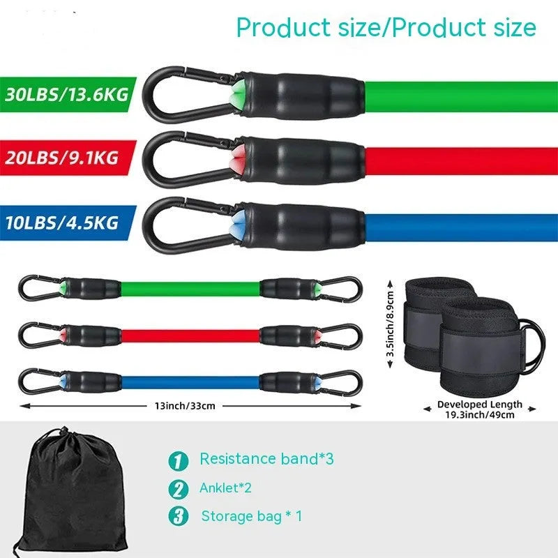TPE leg resistance band set with three tension levels, foot loops, and storage bag for yoga hip lifting exercises