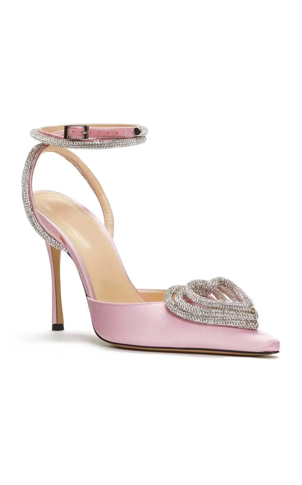 Women's pink satin sandals with rhinestones, pointed toe, and cross strap fastening on a rubber sole.
