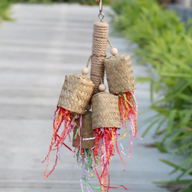 35cm wooden parrot chew toy with sisal rope and colourful paper shreds for foraging activity