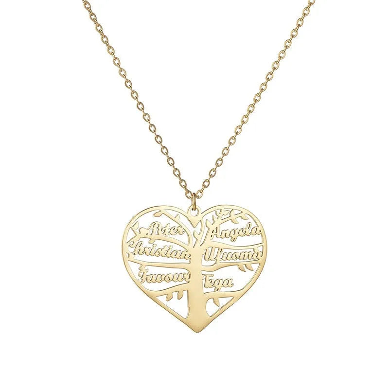 Custom engraved women's necklace with hollow heart and tree pendant on an adjustable chain.