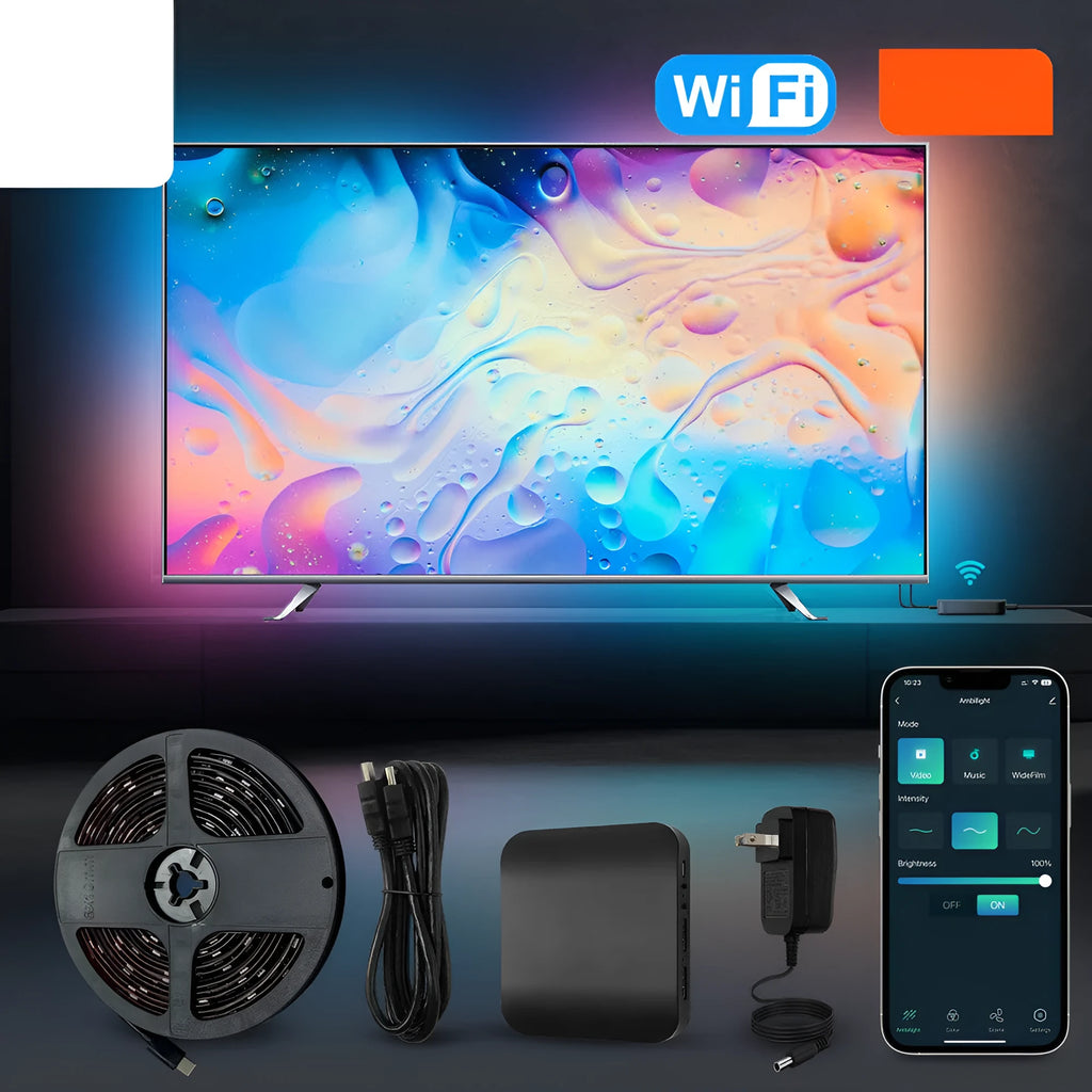 Graffiti smart LED light strip for TV background lighting with intelligent remote control.
