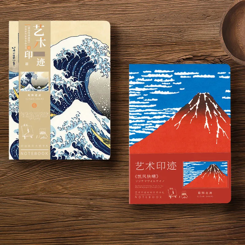 Ukiyo-e series hand ledger notebook with Japanese woodblock print cover, open on a table.