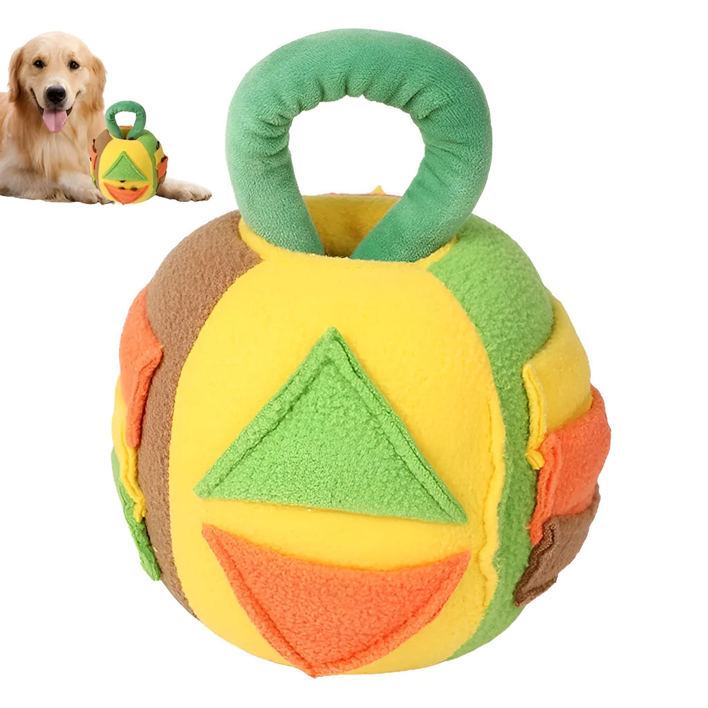 Pink or green plush squeaky ball dog toy with treat pockets measuring 12x12x18cm