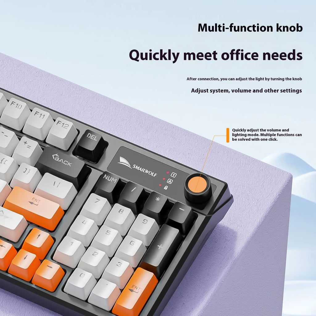 SK15 wired mechanical gaming keyboard with control knob in Autumn Water Blue colour on a desk.