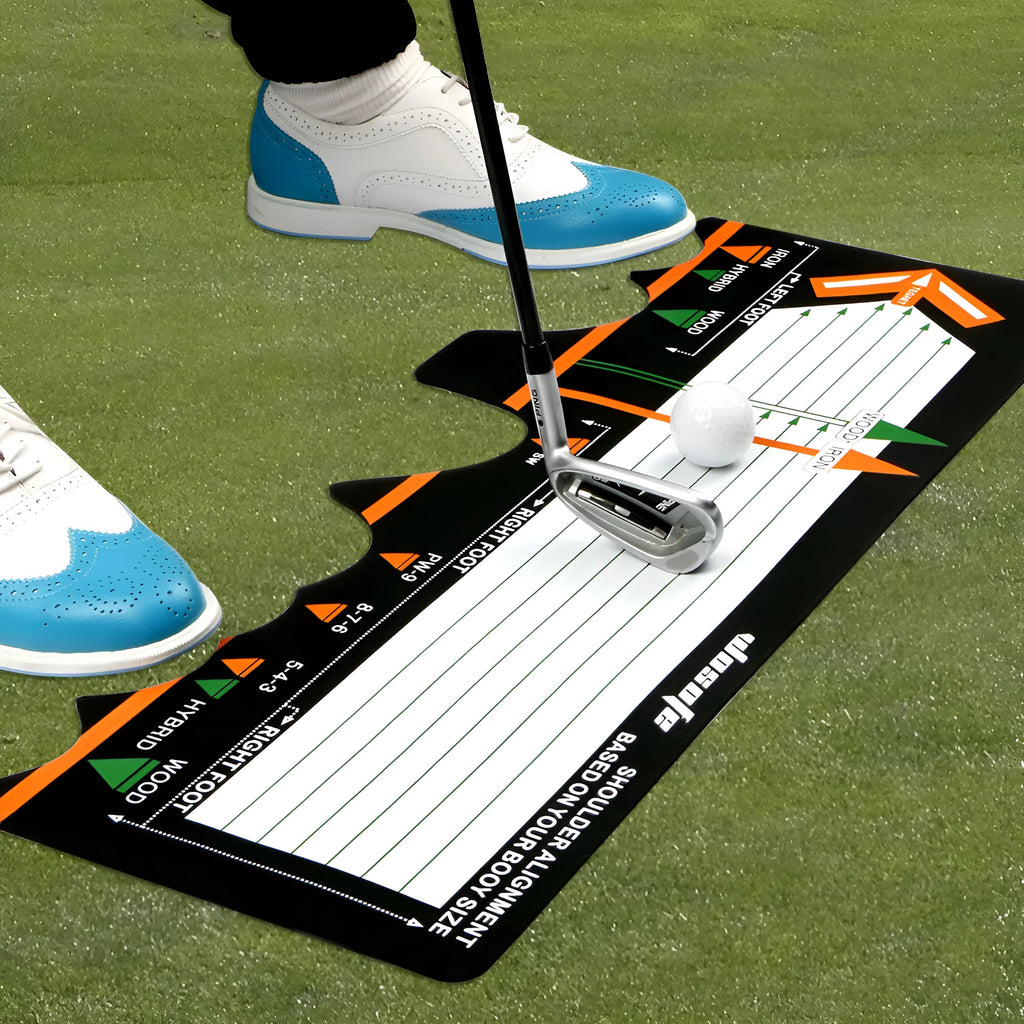 Black neoprene golf swing posture correction pad for stance alignment practice