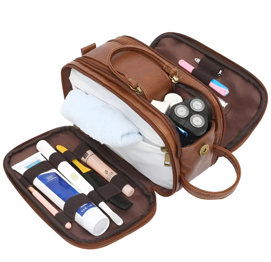 Men's black PU leather toiletry bag with zip closure for travel grooming storage