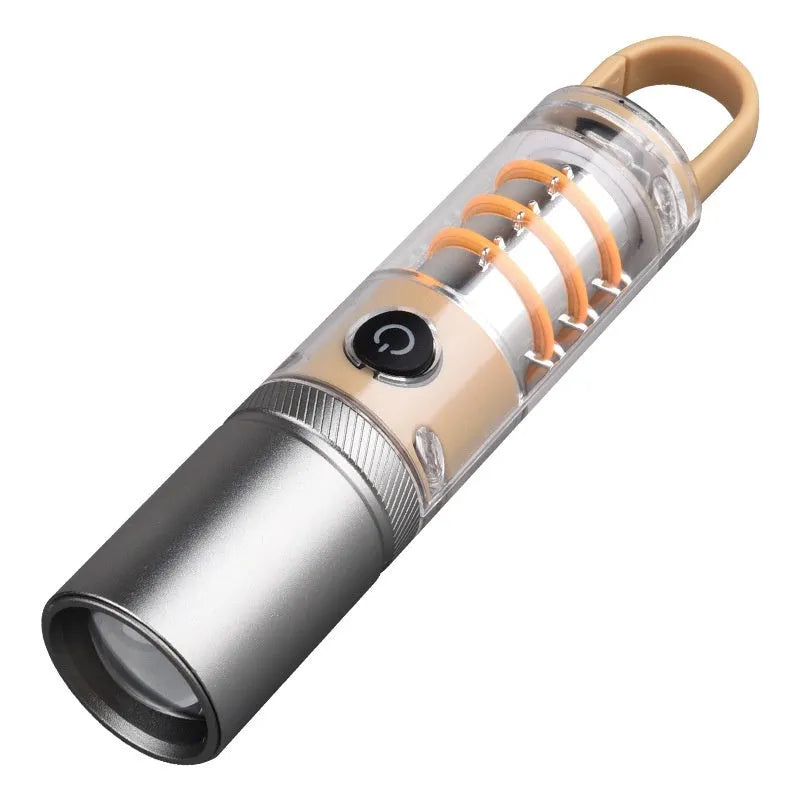 Orange or beige rechargeable flashlight with hook, keychain, and optical zoom on a 10W dual light source.