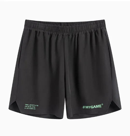 Men's training fitness shorts in blue, black, grey, or white with moisture-wicking fabric.