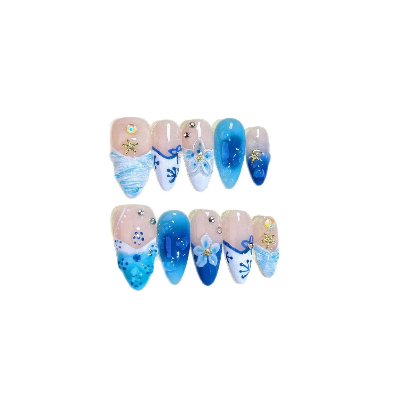 Blue summer ice transparent fake nails with hand-painted carved design, showing four size categories XS S M L