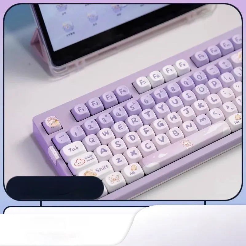 Full set of gradient purple PBT keycaps with rabbit design for mechanical keyboards.