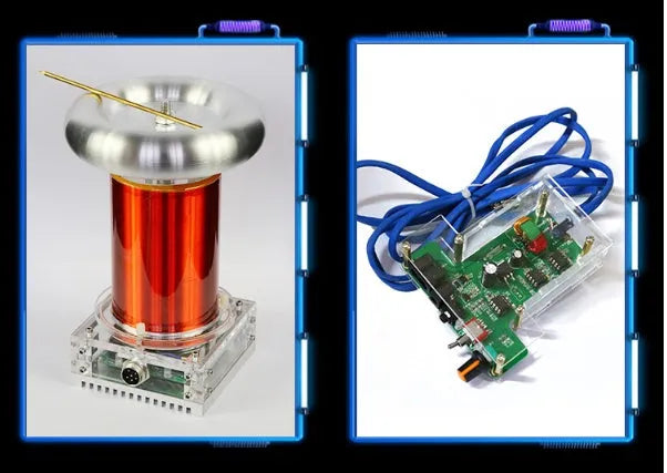 Tesla coil driver board with controller and cables for music-synchronised electrical arc displays