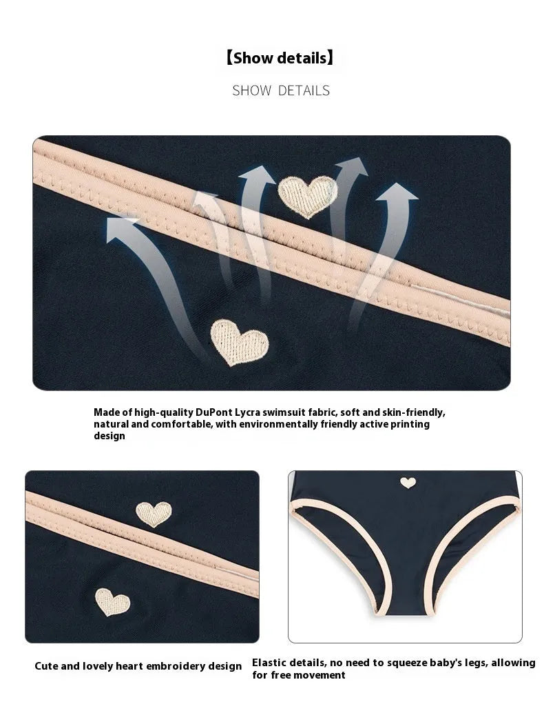 Dark blue split pattern baby swimsuit for girls with briefs style construction