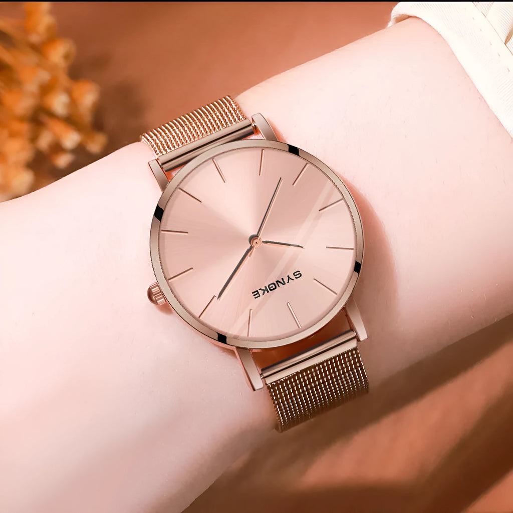 Fashion quartz watch with rose gold case and rose gold dial, 10mm thickness, analogue display