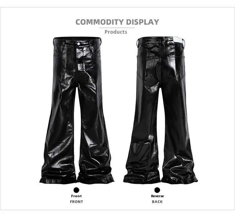 Black women's skinny jeans with a shiny patent leather finish, showing straight-leg cut and mid-rise waist.