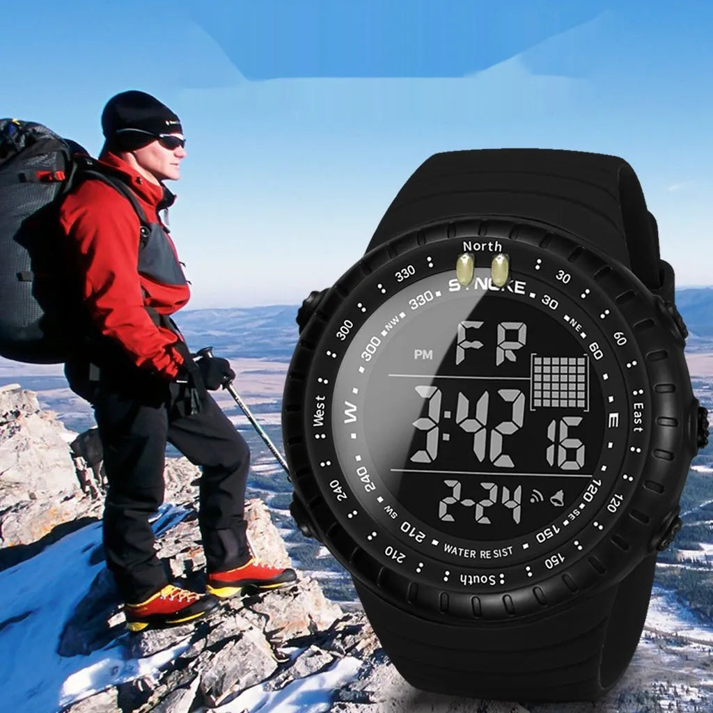 Men's black waterproof digital watch showing large 54.74mm dial and adjustable PU strap