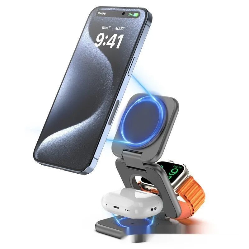 Foldable magnetic wireless car phone charger holder in white on car dashboard