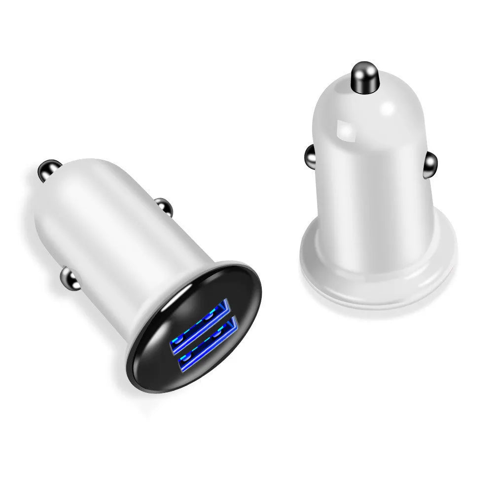 White LED dual USB car charger with electroplated finish, 50x28x28mm, for smartphone and tablet charging