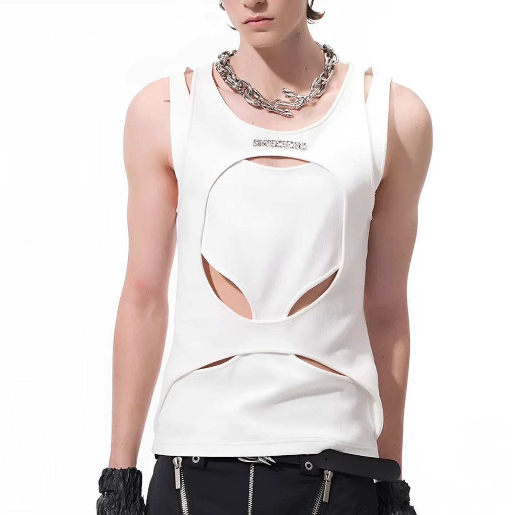 Men's black sleeveless waistcoat with hollow thread texture and round neck collar
