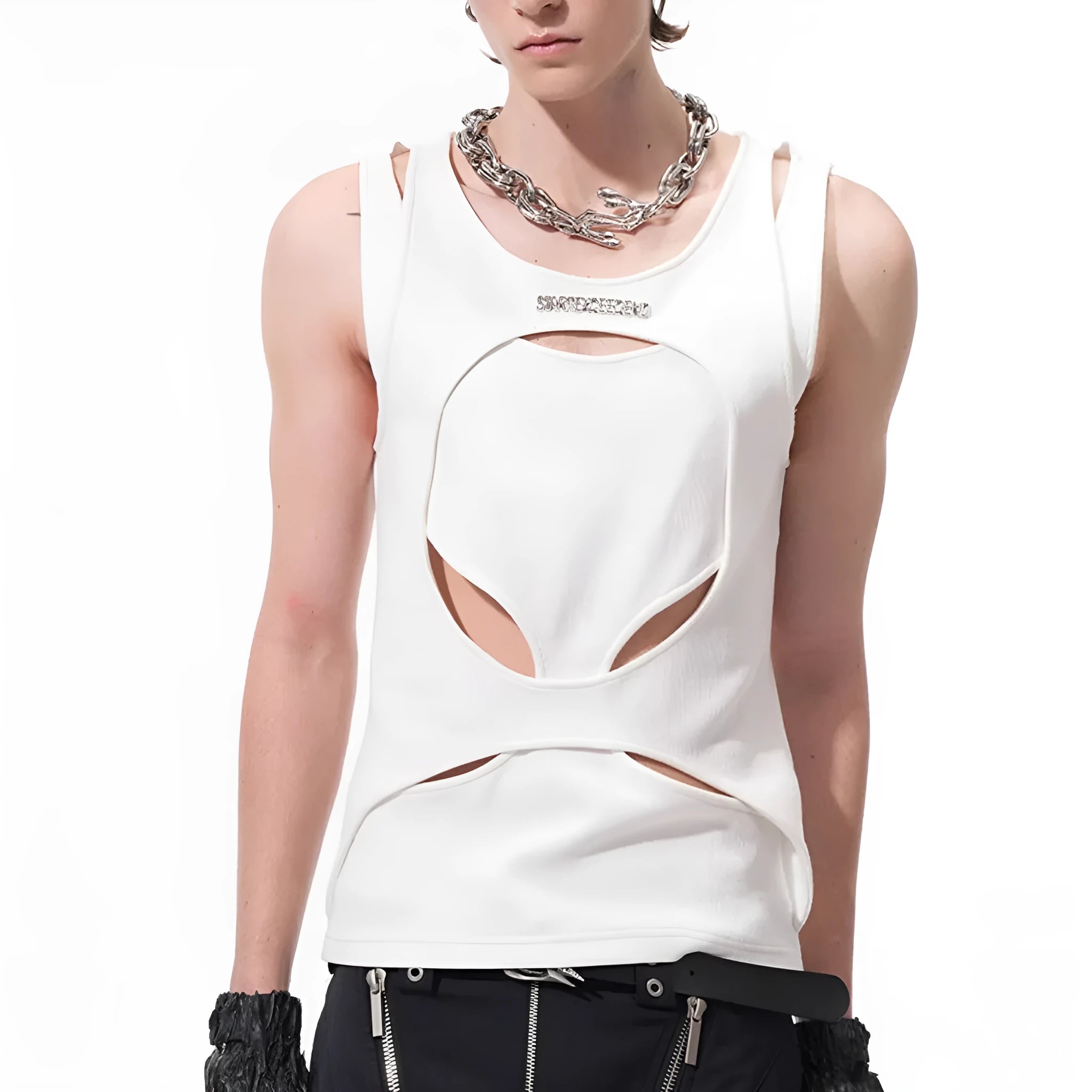 Men's black sleeveless waistcoat with hollow thread texture and round neck collar