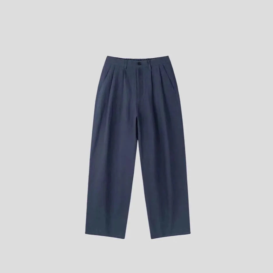 Men's loose wide-leg cotton linen trousers in apricot, army green, and purplish blue colours with Korean style