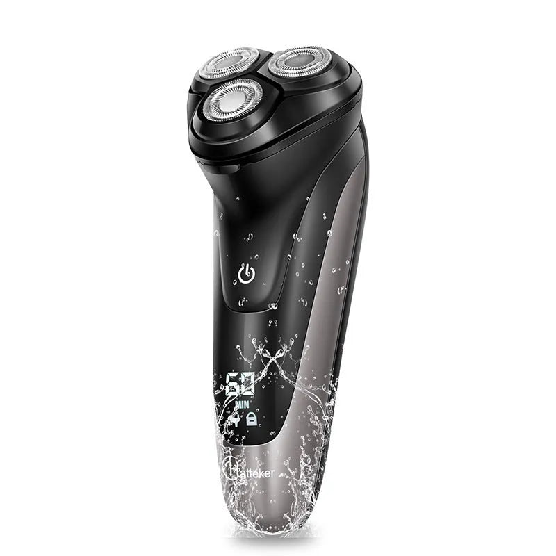 Electric shaver with three rotating heads and pop-up sideburn trimmer on black background