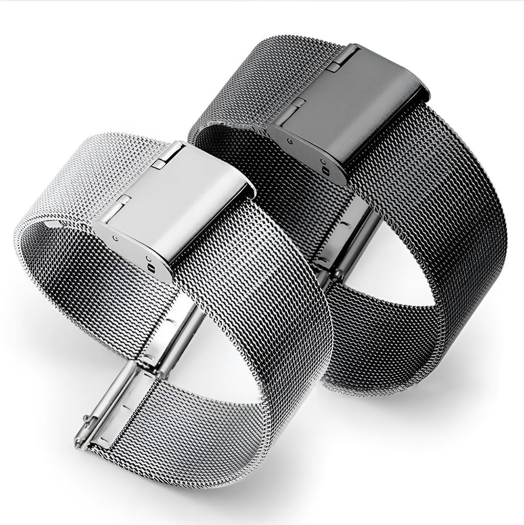 Milani silk woven stainless steel watch band in silver, showing textured finish and metal clasp