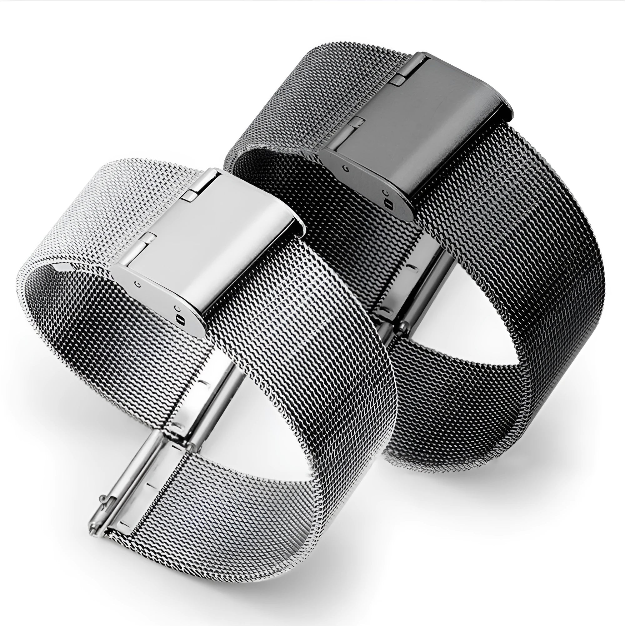 Milani silk woven stainless steel watch band in silver, showing textured finish and metal clasp