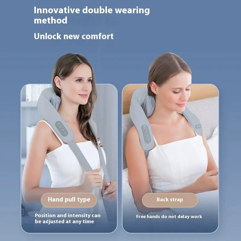 Grey elastic fabric neck massager with USB charging cable and infrared physiotherapy function