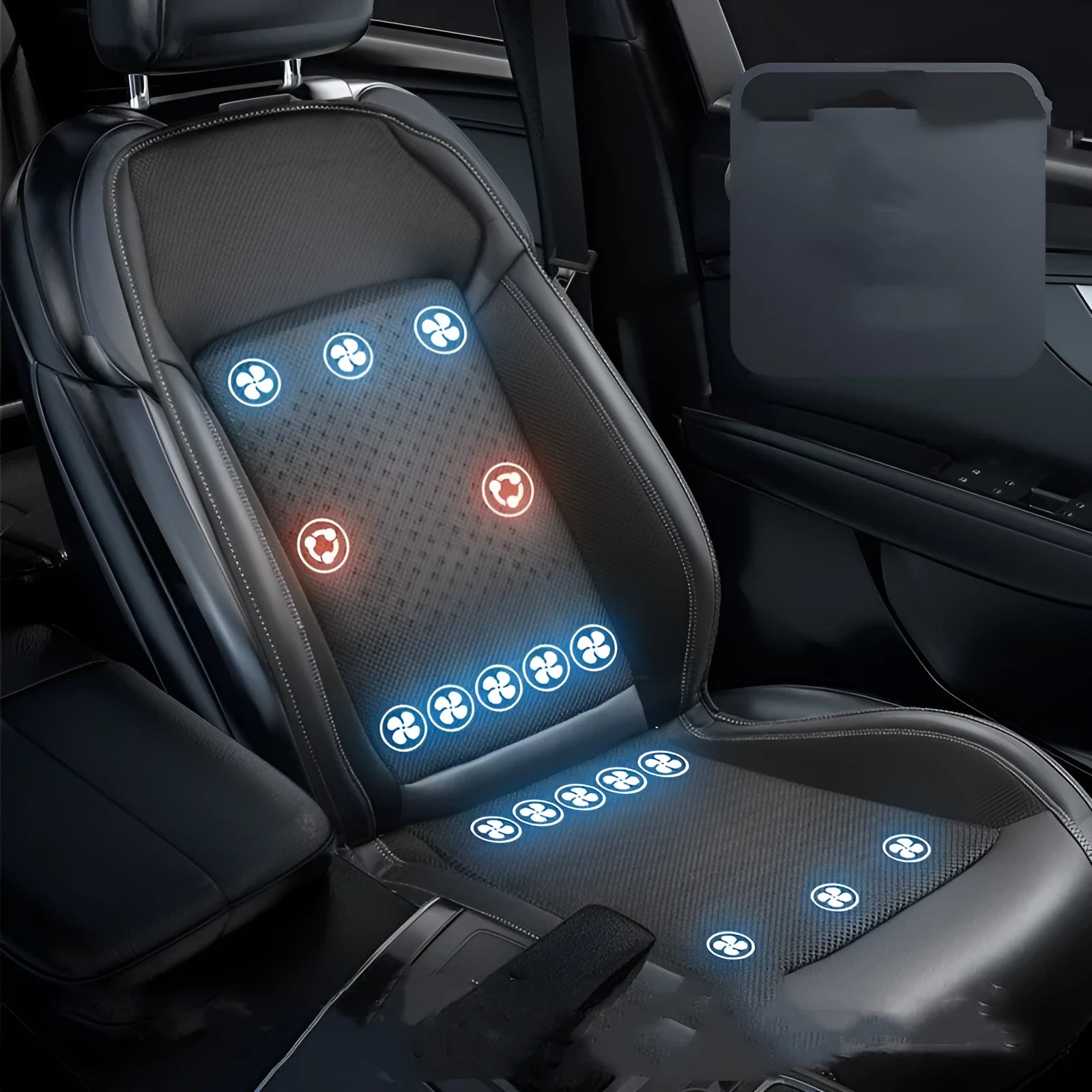 Black car seat cooling pad with USB power cable on vehicle seat