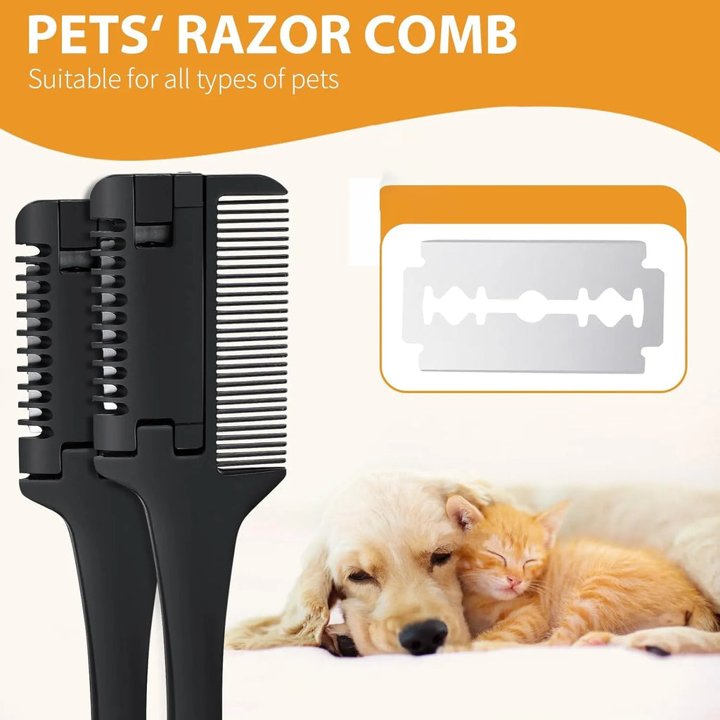 A 2-in-1 razor comb for grooming dogs and cats, shown with spare blades, on a neutral background.